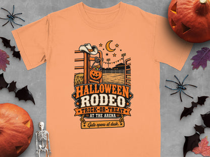 Halloween Rodeo trick-or-treat design with pumpkin candy bucket and cowboy hat.