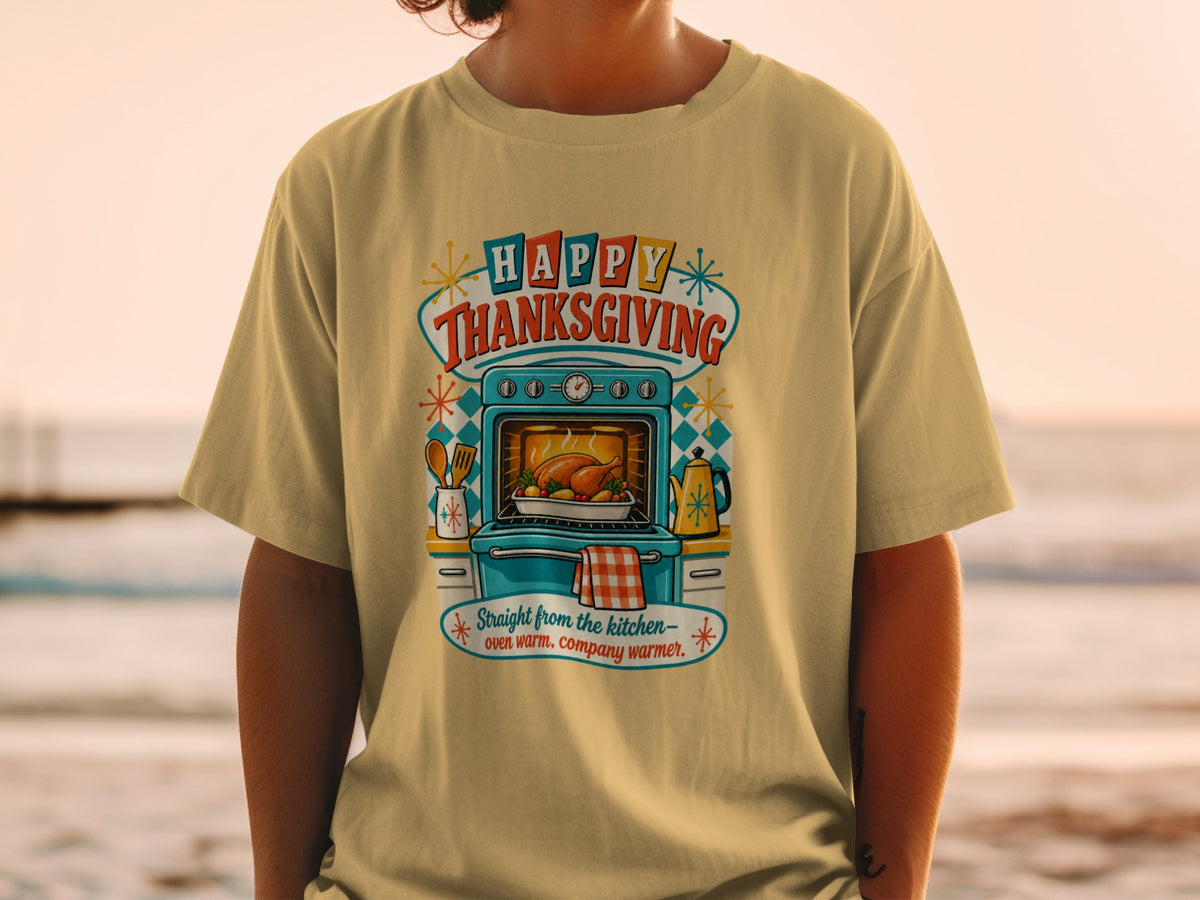 Thanksgiving graphic with a turkey in an oven and text about being oven warm.