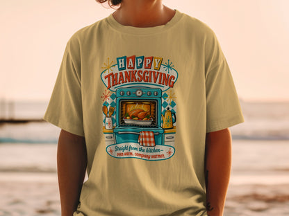 Thanksgiving graphic with a turkey in an oven and text about being oven warm.