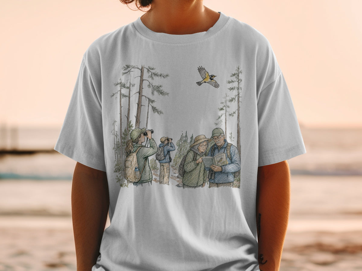 Illustration of birdwatchers in a forest with a bird flying above.