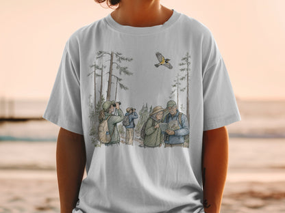 Illustration of birdwatchers in a forest with a bird flying above.