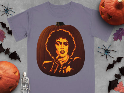 A gray t-shirt features a carved pumpkin graphic of Frank-N-Furter, surrounded by Halloween props.
