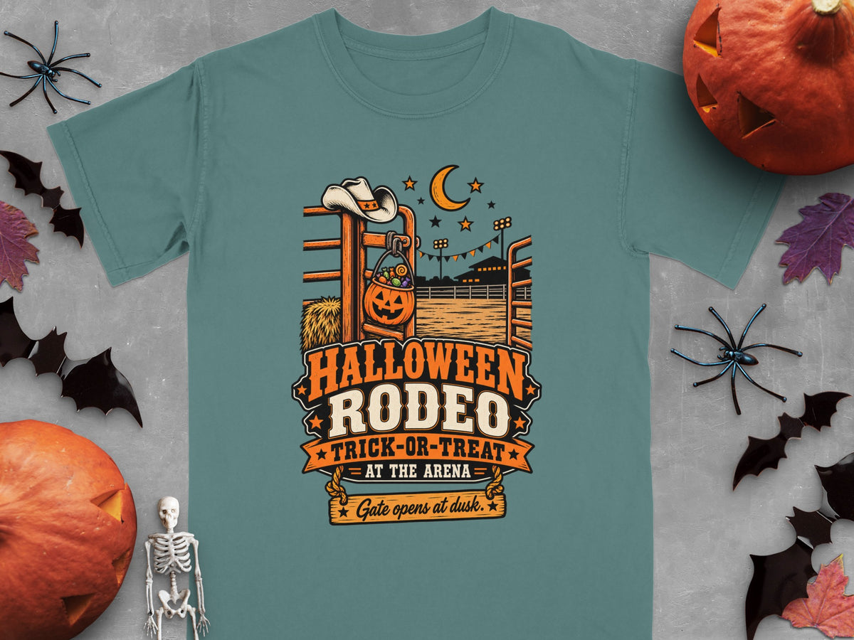 T-shirt graphic with Halloween Rodeo text, pumpkin candy bucket, and rodeo arena scene.