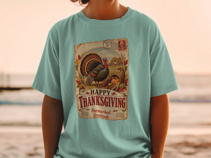 Thanksgiving t-shirt with turkey, cornucopia, and postmark design.