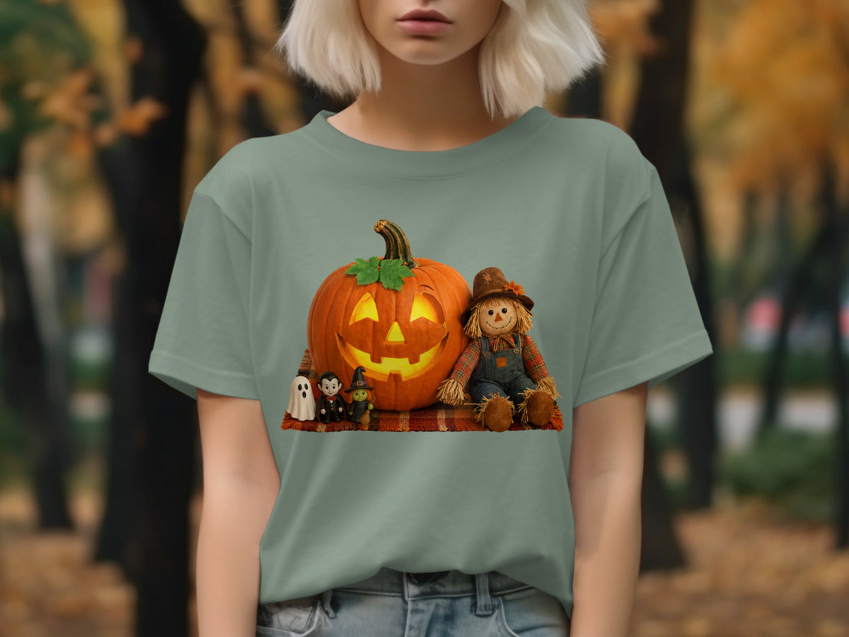 Jack-o'-lantern, scarecrow, witch, and ghosts on a plaid blanket.