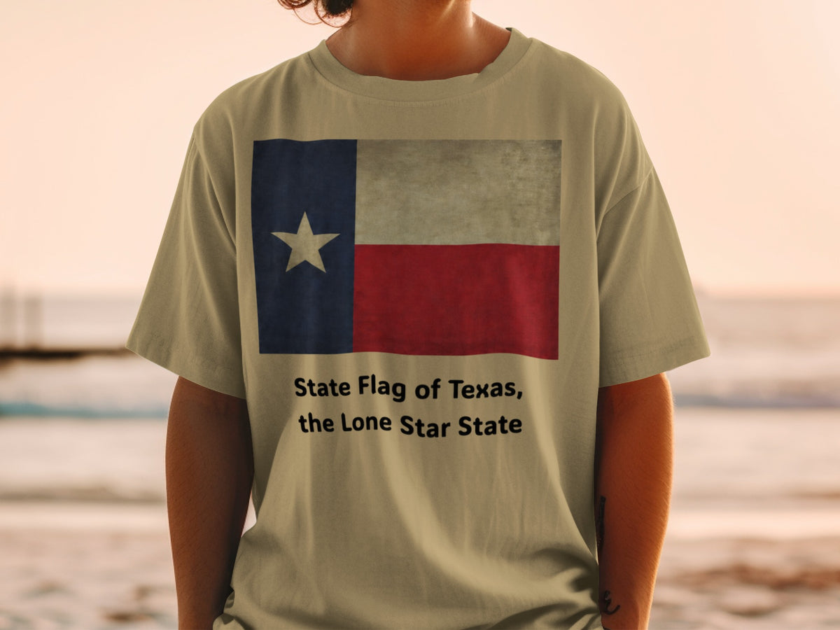 T-shirt with Texas flag graphic and text "State Flag of Texas, the Lone Star State".
