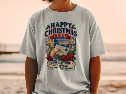 T-shirt graphic with "Happy Christmas USA" and a winter scene with a letter.