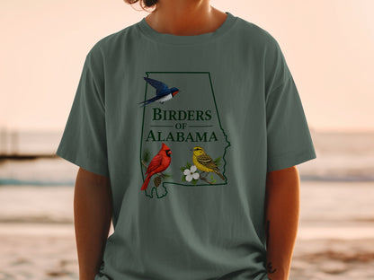 Alabama map with text "Birders of Alabama" and cardinal, yellow bird, and swallow.