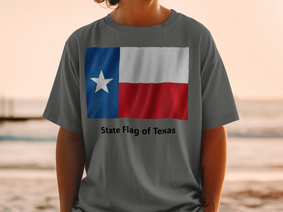 Gray t-shirt with the State Flag of Texas and text "State Flag of Texas."
