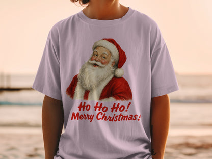 Light purple t-shirt with a vintage Santa Claus graphic and "Ho Ho Ho! Merry Christmas!" text.