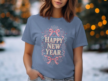 Blue t-shirt with "Happy New Year" text surrounded by fireworks and bows.