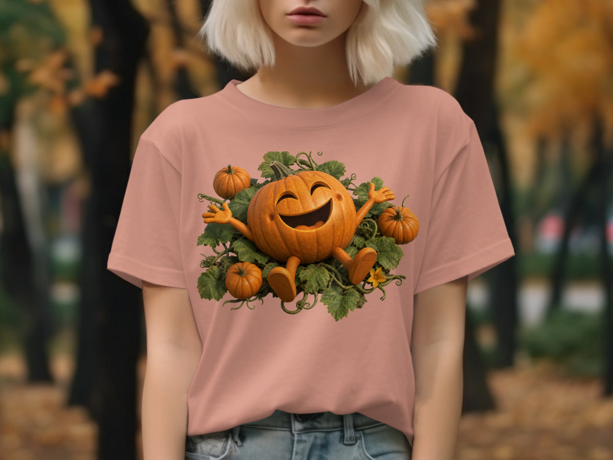 T-shirt with a cartoon pumpkin surrounded by vines and smaller pumpkins.