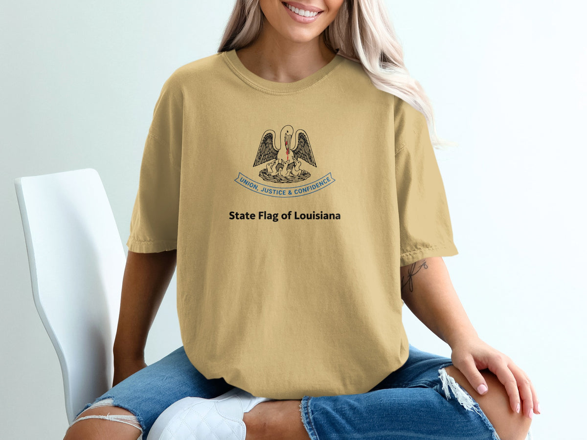 Yellow t-shirt with Louisiana state flag design featuring a pelican and motto.