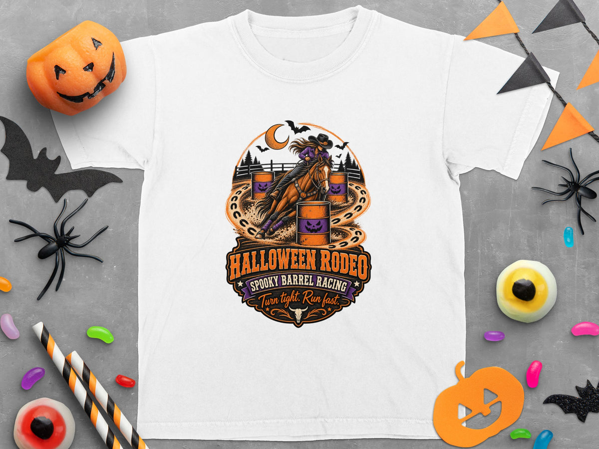 T-shirt graphic features a barrel racer, text "Halloween Rodeo Spooky Barrel Racing Turn tight. Run fast."