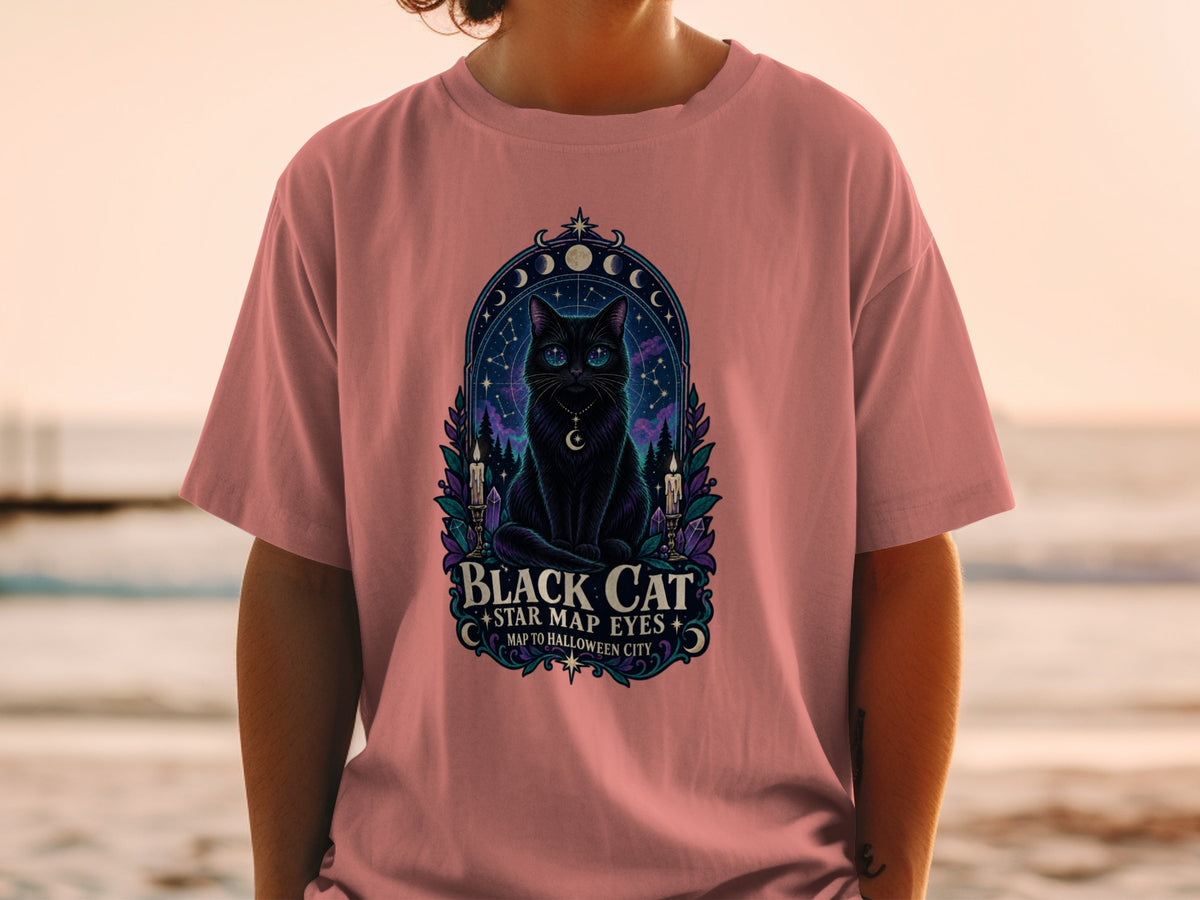 Black cat with celestial background and text "Black Cat Star Map Eyes Map to Halloween City".