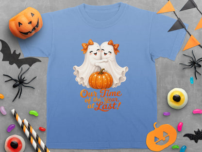 Blue t-shirt with two ghosts hugging a pumpkin and text "Our Time of the Year, at Last!".