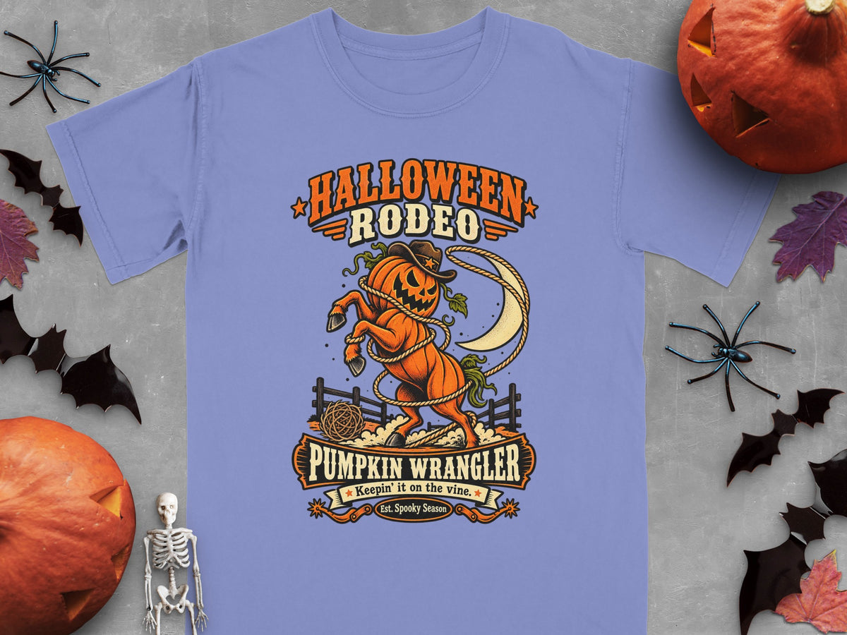 Halloween Rodeo Pumpkin Wrangler graphic with a pumpkin horse and moon.
