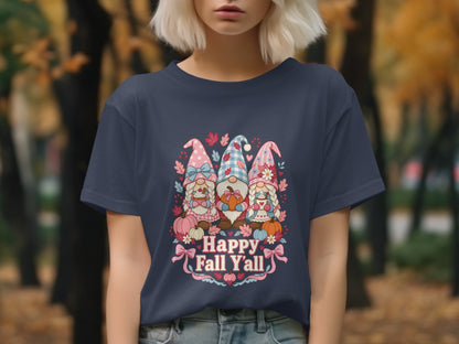 T-shirt with three gnomes, pumpkins, and "Happy Fall Y'all" text.