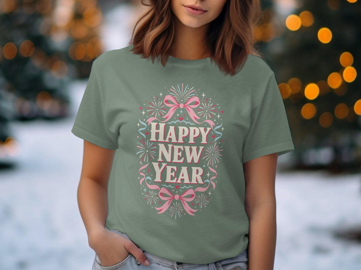 Green t-shirt with "Happy New Year" text, pink bows, and fireworks.