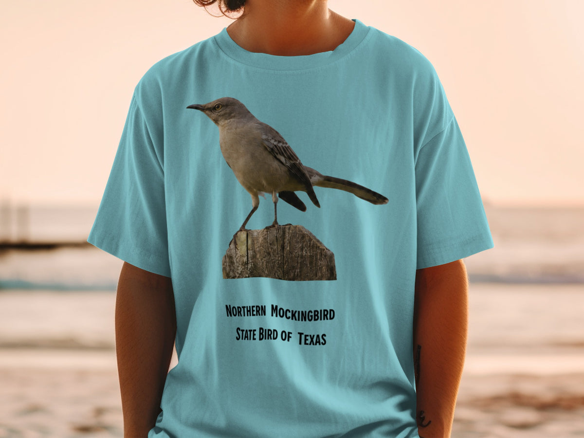 Blue t-shirt with Northern Mockingbird and "State Bird of Texas" text.