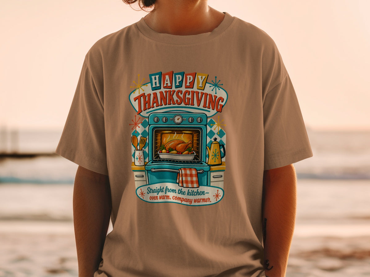 Happy Thanksgiving text with oven and turkey illustration.