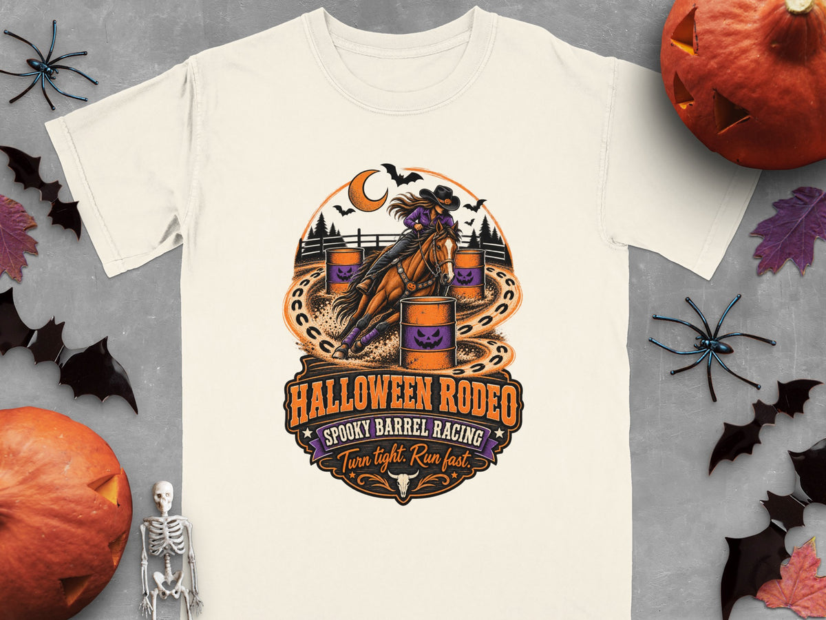 Halloween Rodeo spooky barrel racing graphic with horse, barrels, and text.