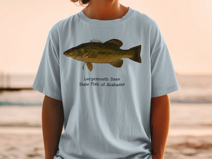 Largemouth Bass, State Fish of Alabama printed on a light blue t-shirt.