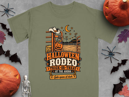 Halloween Rodeo Trick-or-Treat graphic with pumpkin, cowboy hat, and arena scene.