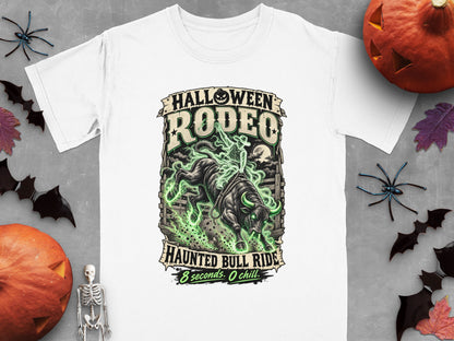 T-shirt with "Halloween Rodeo Haunted Bull Ride" graphic, featuring a skeletal rider on a fiery bull.