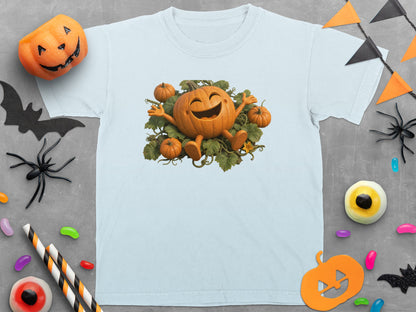 Light blue t-shirt featuring a smiling pumpkin character with small pumpkins.