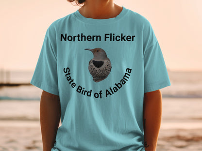 Turquoise t-shirt with Northern Flicker and "State Bird of Alabama" text.