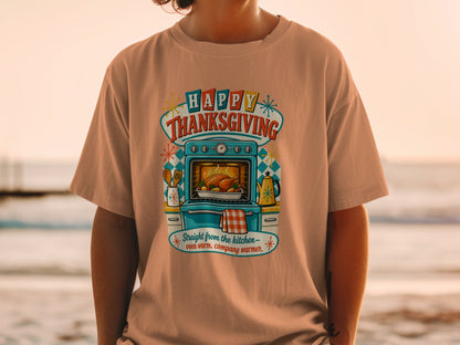 Happy Thanksgiving text above a vintage oven with roasted turkey.