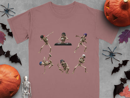 T-shirt with dancing skeletons and a DJ, surrounded by Halloween decorations.