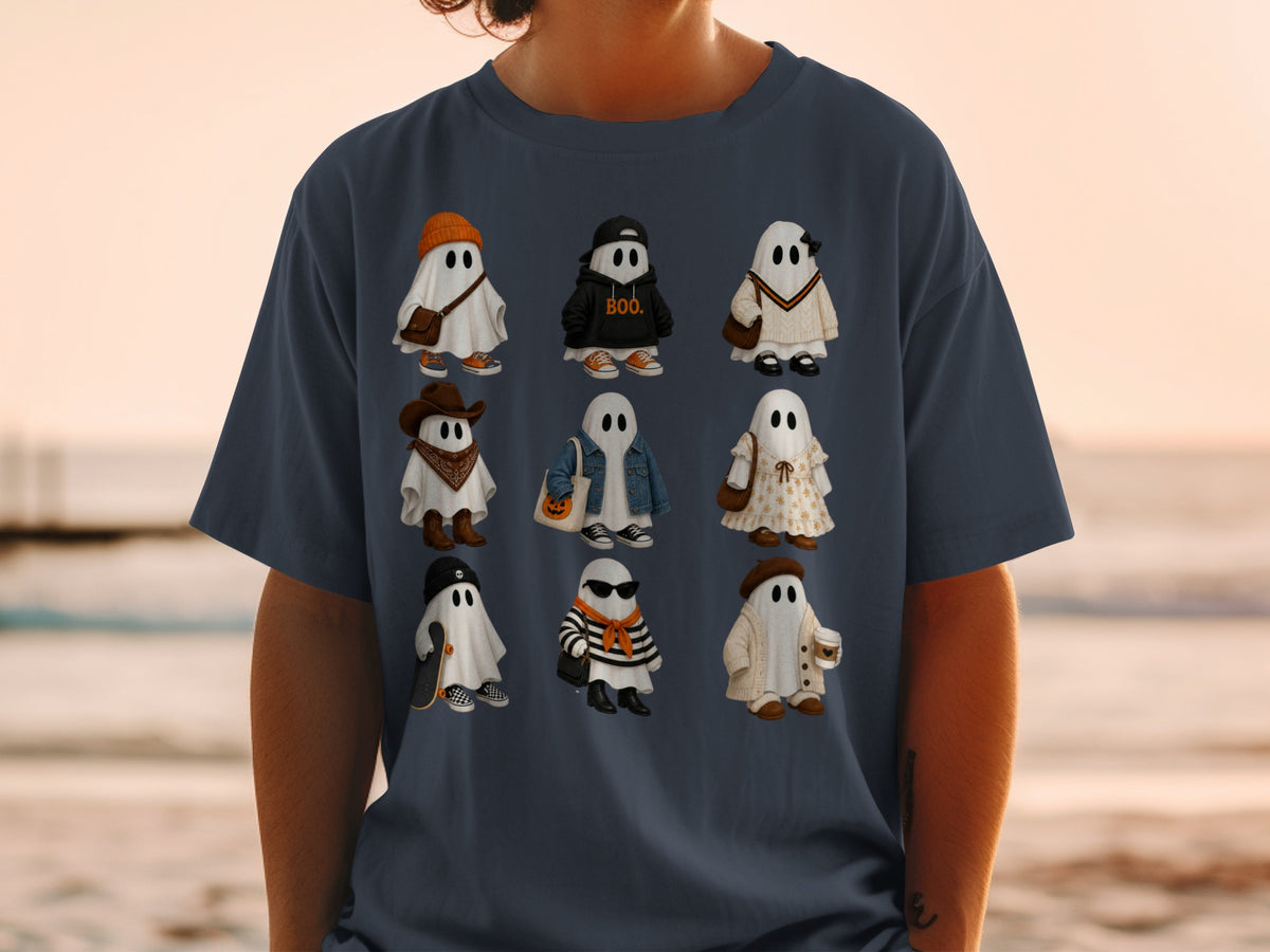 Nine illustrated ghosts dressed in various trendy outfits, including a skateboarder ghost.