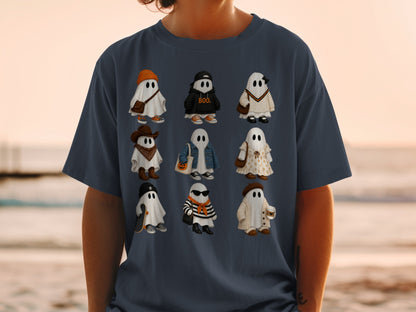 Nine illustrated ghosts dressed in various trendy outfits, including a skateboarder ghost.