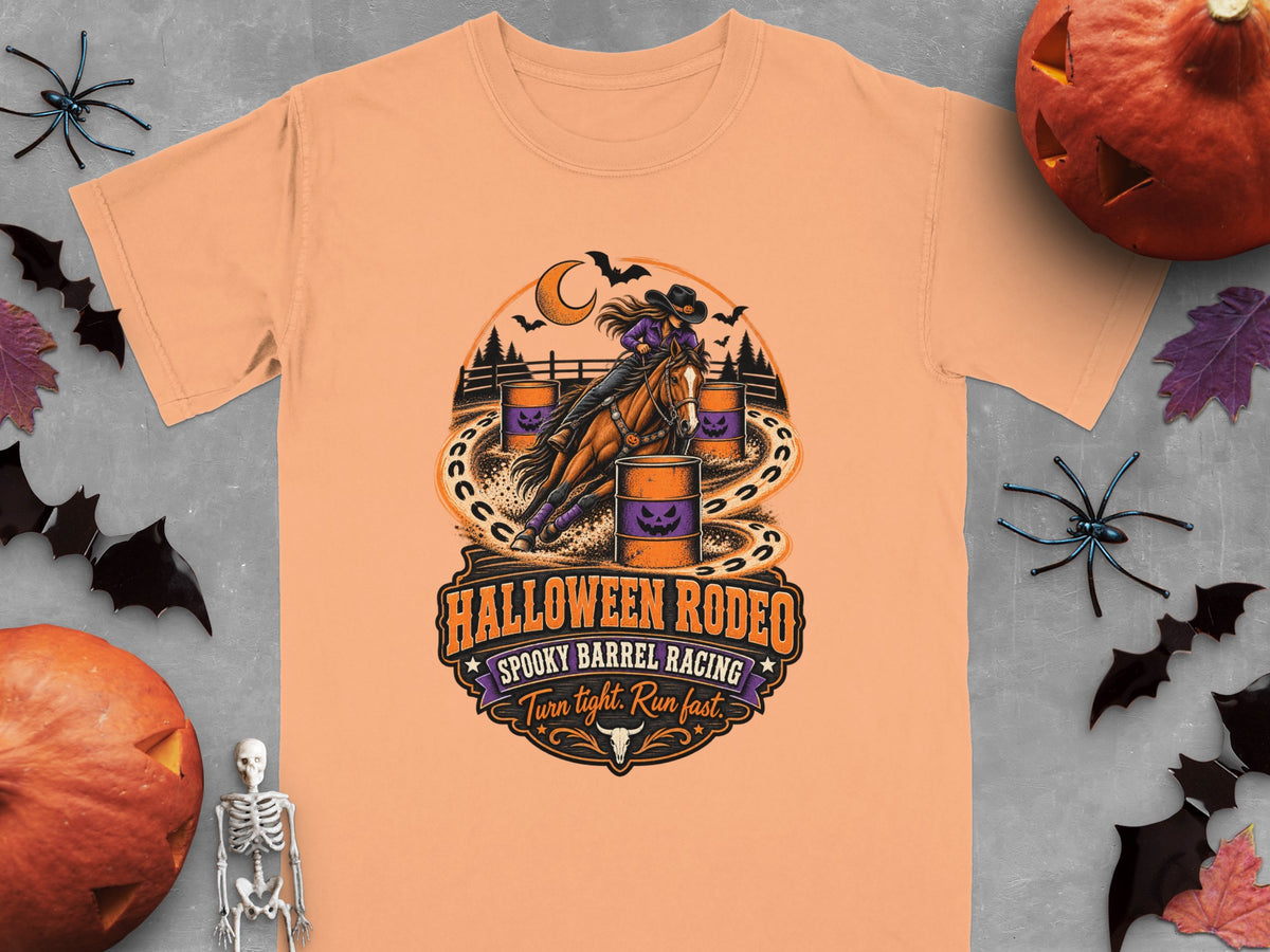T-shirt graphic with Halloween Rodeo spooky barrel racing design.