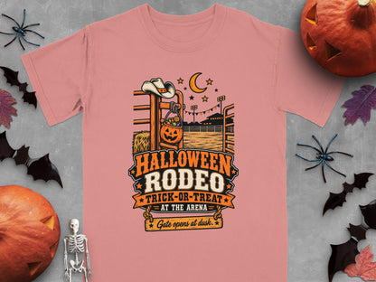 Halloween Rodeo Trick-or-Treat graphic with rodeo scene, pumpkin candy bucket, and text.
