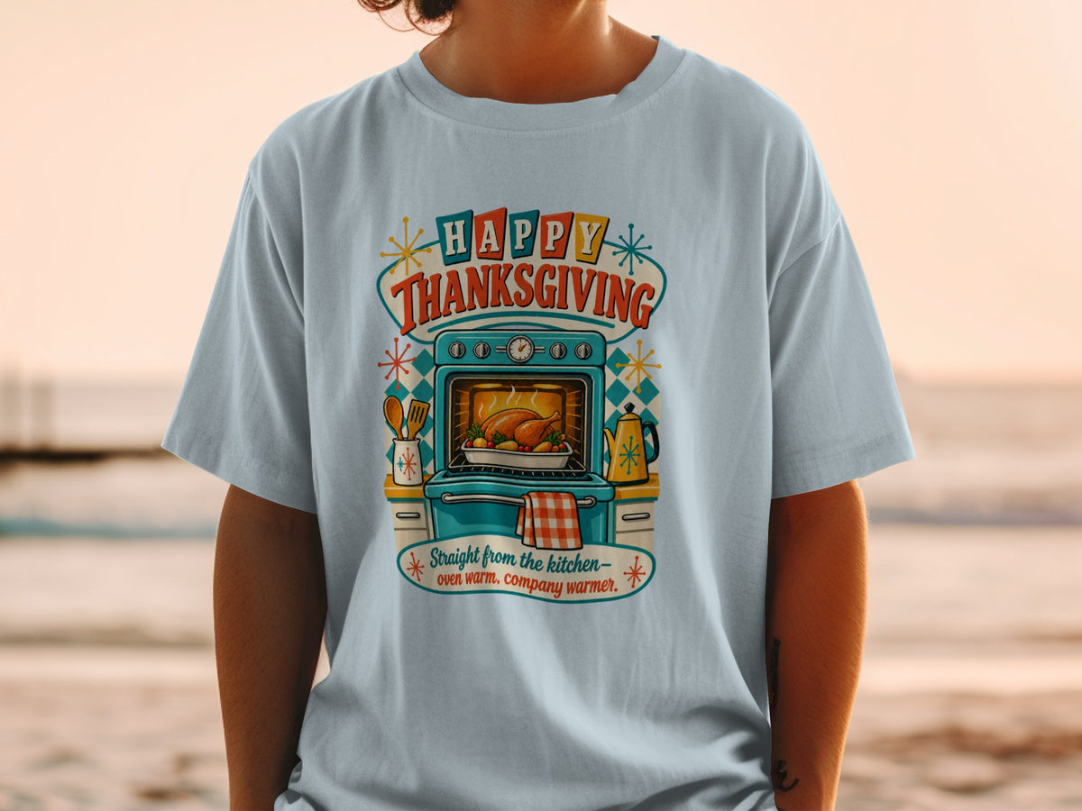 Happy Thanksgiving graphic with a turkey in an oven and text.
