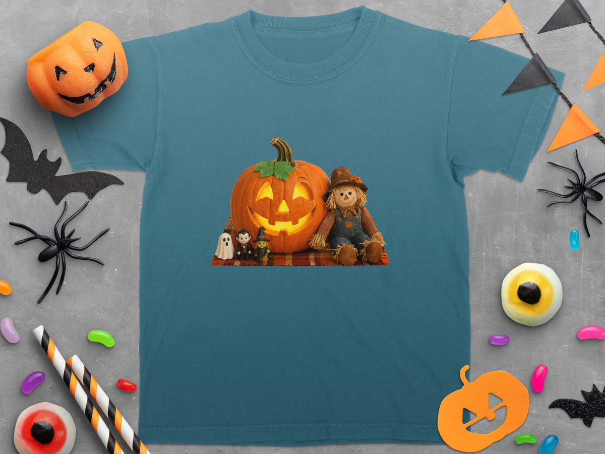 Teal t-shirt featuring a Halloween graphic of a smiling jack-o'-lantern with a scarecrow.