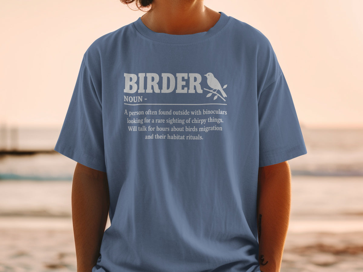 Blue t-shirt with "Birder" definition and bird graphic.