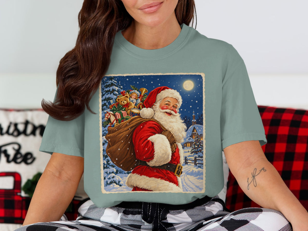 Santa Claus with sack of toys on snowy night, vintage Christmas illustration on shirt.
