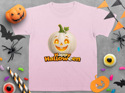 Pink t-shirt with a white jack-o'-lantern graphic and "Happy Halloween" text.