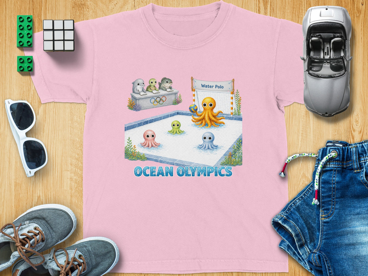 Pink t-shirt with cartoon octopuses playing water polo and "Ocean Olympics" text.