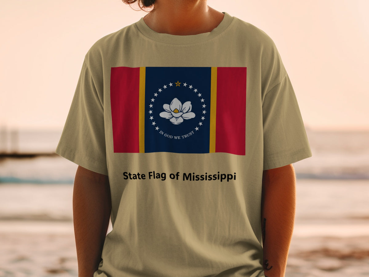 T-shirt with the State Flag of Mississippi and text "State Flag of Mississippi."