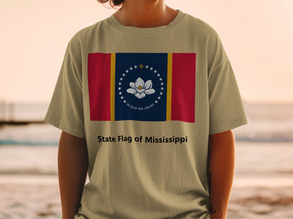 T-shirt with the State Flag of Mississippi and text "State Flag of Mississippi."