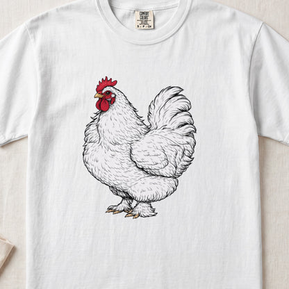 A white crewneck t-shirt featuring an illustration of a fluffy white rooster with a red comb.