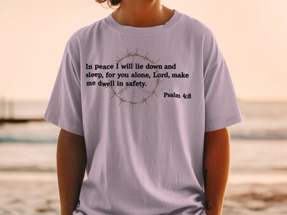 T-shirt with Psalm 4:8 text and barbed wire peace symbol.