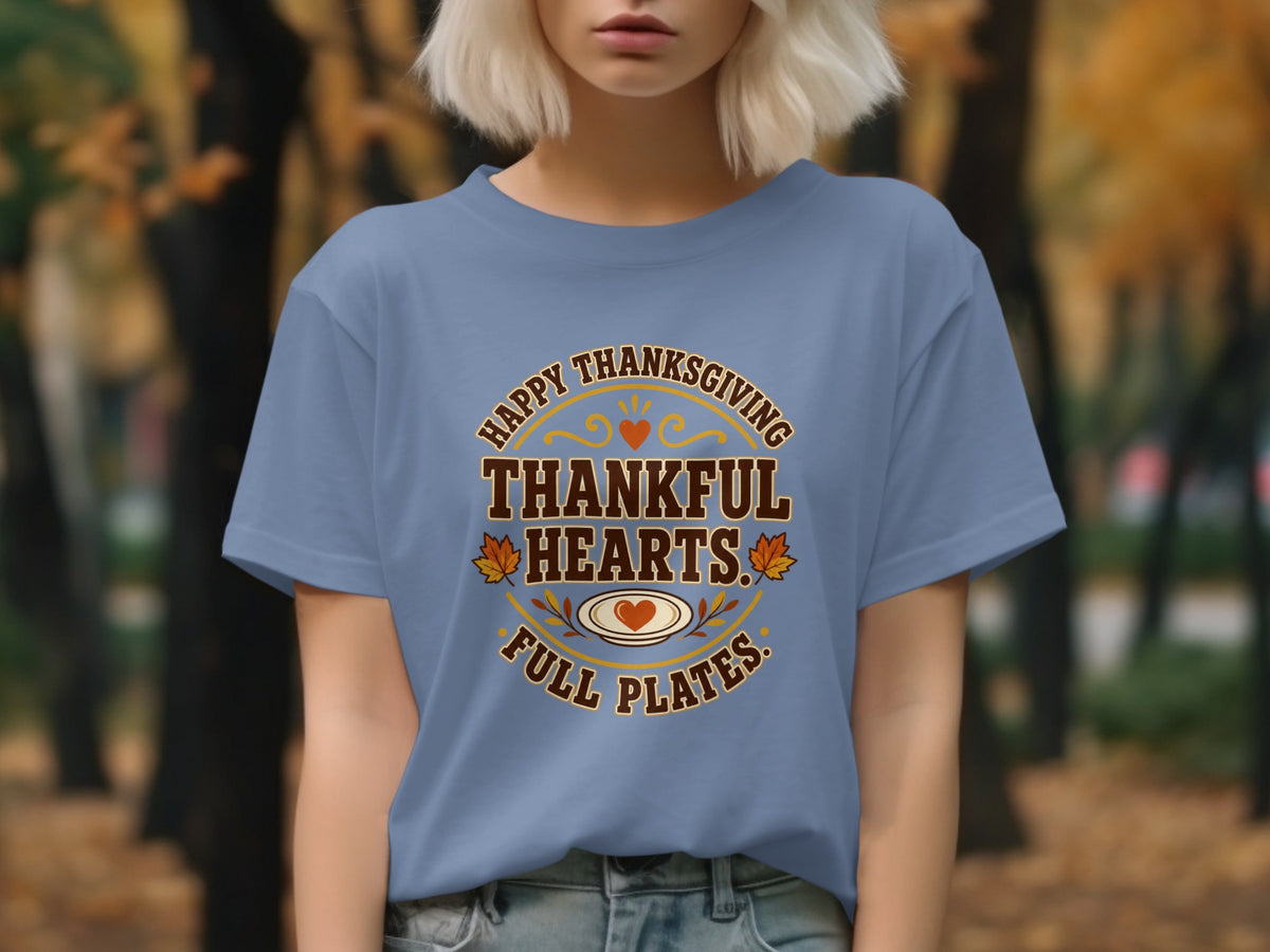 Happy Thanksgiving thankful hearts full plates text design on blue t-shirt.