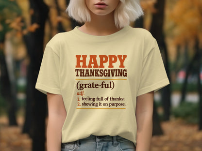 Light yellow t-shirt with "Happy Thanksgiving (grateful)" definition text.
