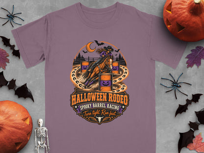 Halloween Rodeo spooky barrel racing graphic with horse and rider.
